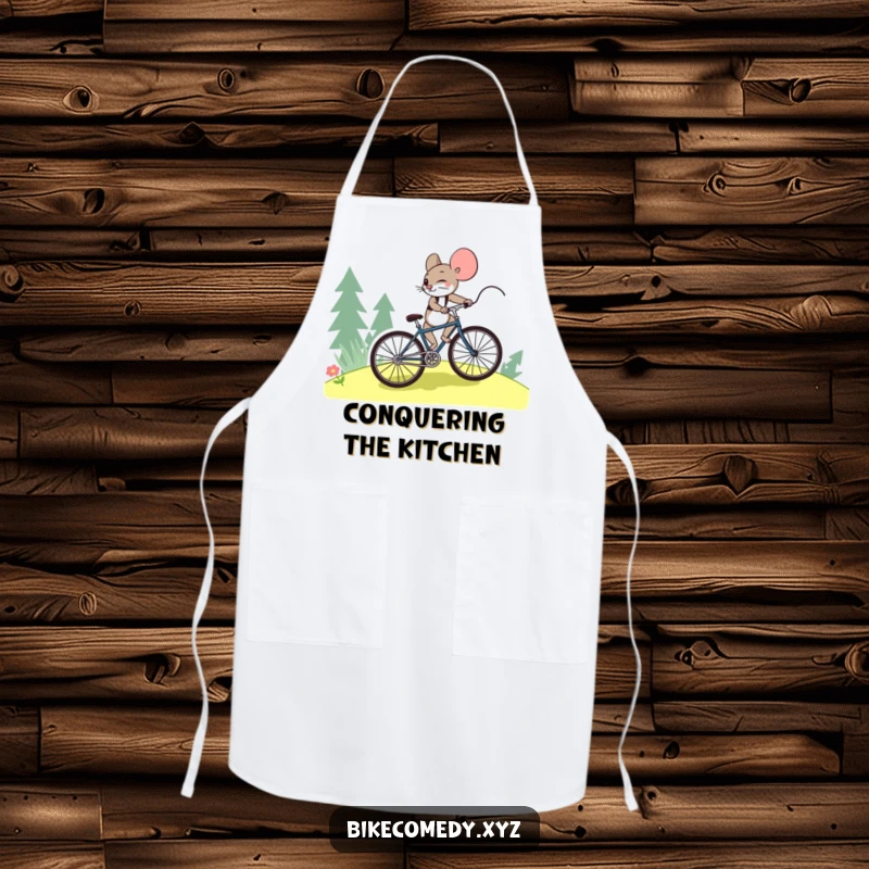 Funny mouse apron depicting a mouse pedaling a bicycle uphill with great effort, perfect for adding a humorous and motivational touch to cooking.