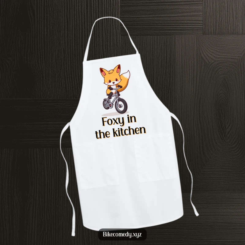 Funny fox apron depicting a clever fox performing a wheelie on a miniature bicycle, ideal for the kitchen or BBQ master.