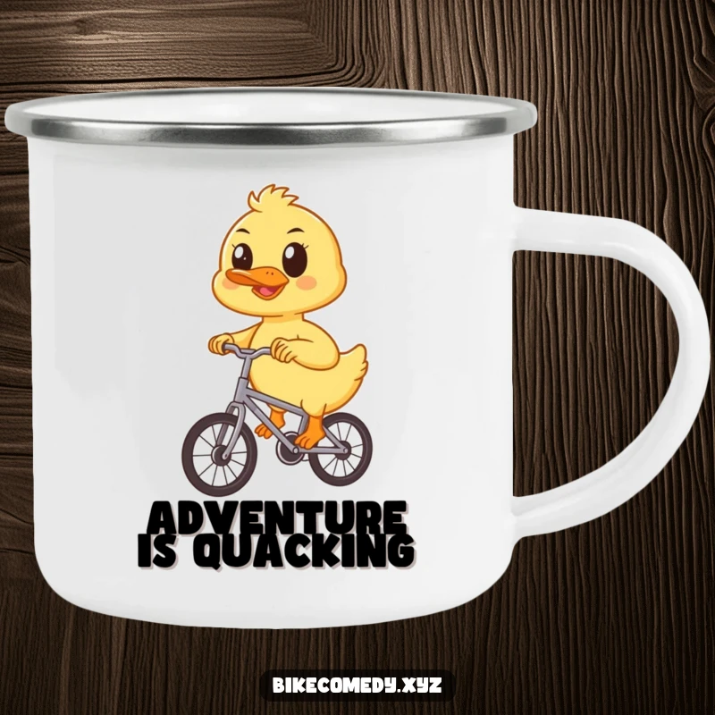 Funny duckling camping mug showing a determined duckling pedaling a small bicycle, perfect for rugged adventures and cheerful mornings.