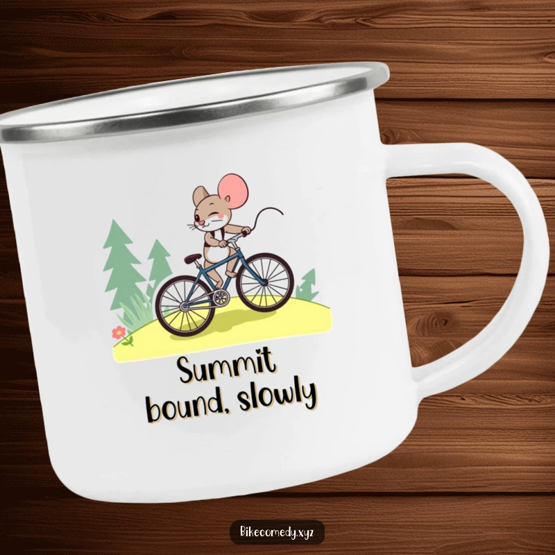 Funny mouse camping mug showing a mouse pedaling a bicycle uphill with great effort, perfect for rugged adventures and inspiring mornings.