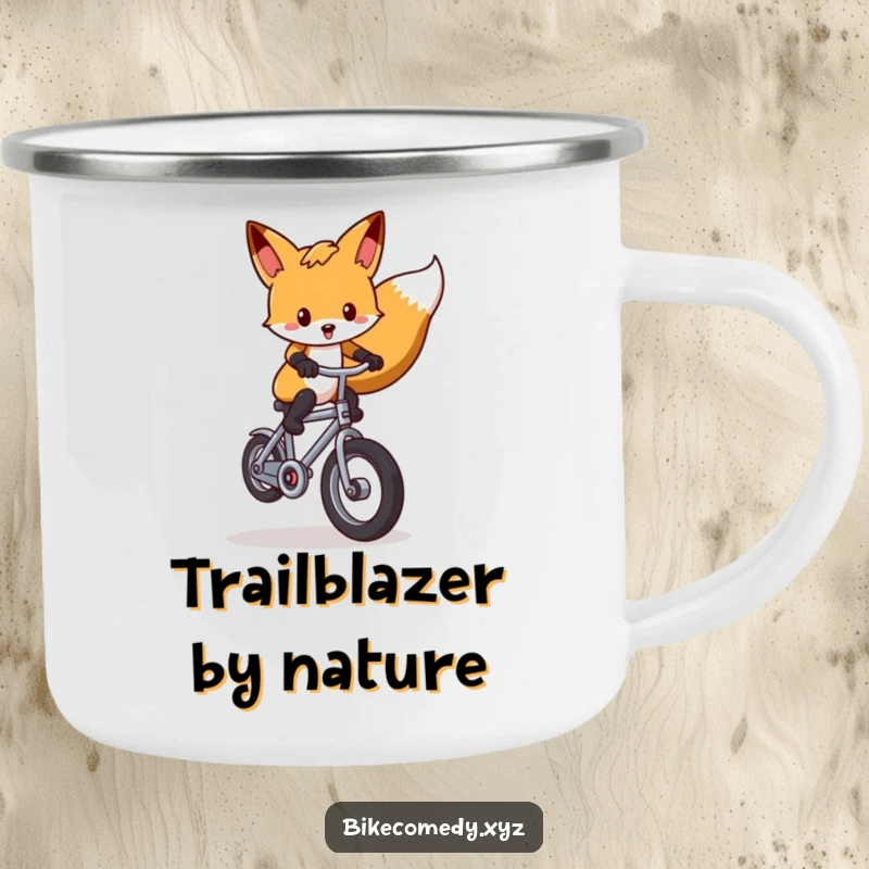 Funny fox camping mug showing a spirited fox doing a wheelie on a miniature bicycle, perfect for rugged adventures and cheerful mornings.