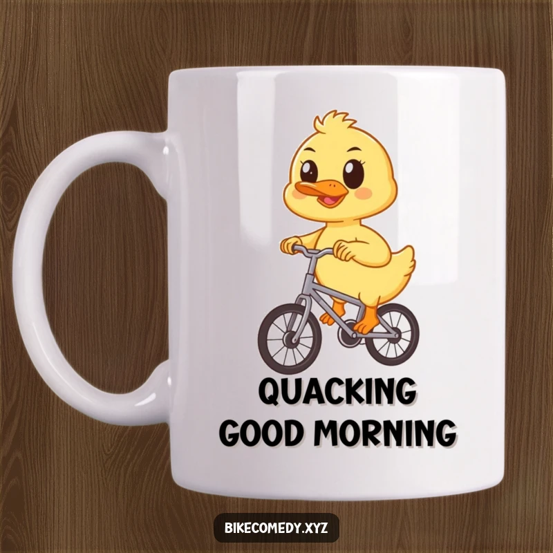 Funny duckling mug featuring a cheerful duckling with focused eyes, diligently pedaling a tiny bicycle.