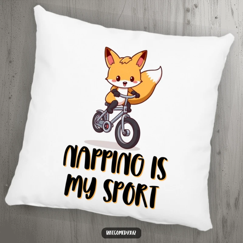 Funny fox pillow showcasing a resourceful fox mastering a wheelie on a tiny bicycle, perfect for adding whimsical comfort to any room.