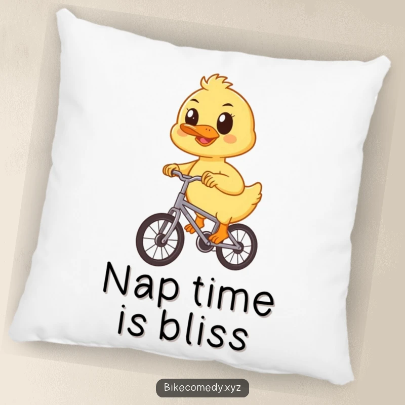 Funny duckling pillow showing a happy duckling focused on pedaling a small bicycle, perfect for adding whimsical comfort and a message of sweetness.