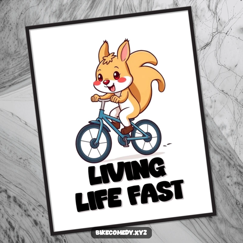 Funny squirrel digital art print showing a squirrel in motion, riding a bicycle downhill with speed and flair, perfect for energetic decor.