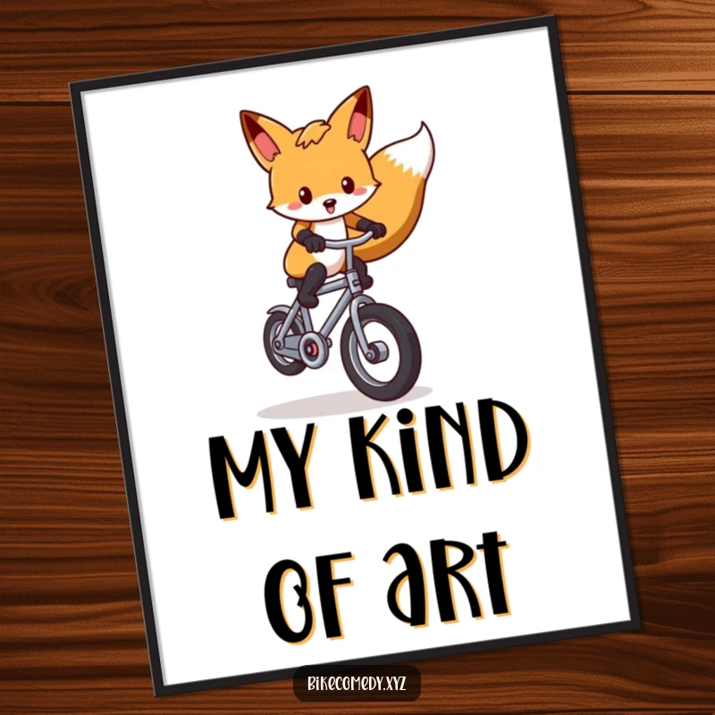 Funny fox digital art print showing a clever fox executing a wheelie on a small bicycle, perfect for vibrant, humorous wall decor.
