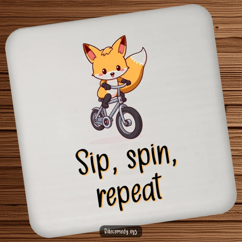 Funny fox coaster illustrating a dynamic fox performing a wheelie on a tiny bicycle, adding a humorous element to surface protection.
