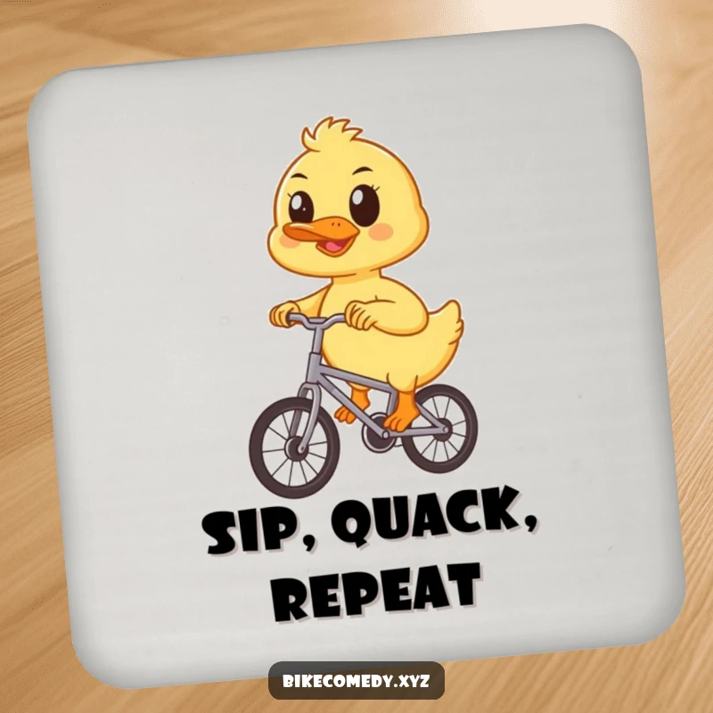 Funny duckling coaster illustrating a happy duckling determinedly pedaling a small bicycle, perfect for adding a humorous and cute touch to surface protection.