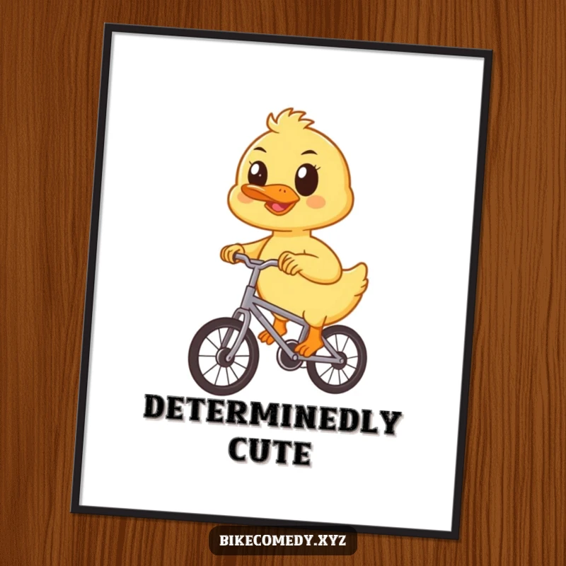 Funny duckling poster capturing a focused duckling diligently pedaling a small bicycle, radiating sweetness and unwavering resolve.