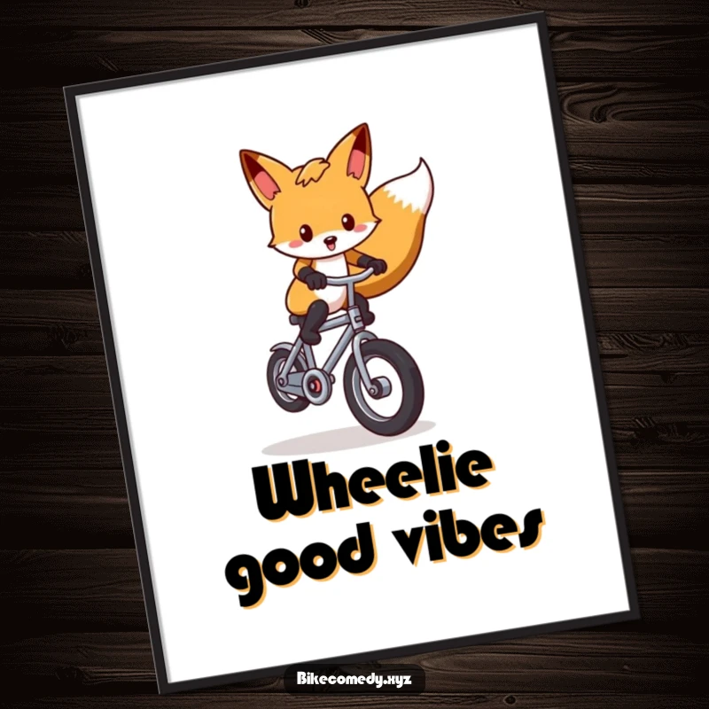 Funny fox poster capturing a flexible fox performing an impressive wheelie on a diminutive bike, celebrating agility and comedic brilliance.