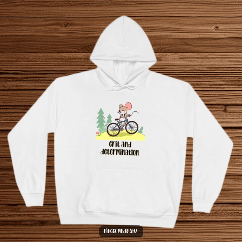 Funny mouse hoodie illustrated with a focused mouse energetically pedaling a bicycle up a steep incline, conveying strength and tenacity.