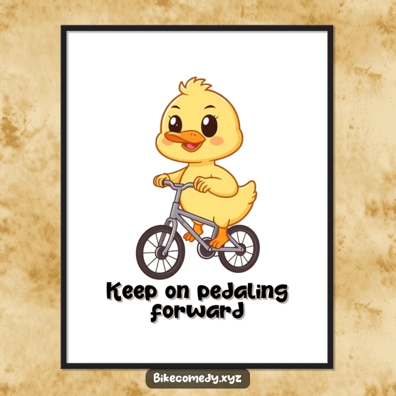 Funny Free Printable Wall Art: A happy duckling with focused eyes pedals a small bicycle, creating charming and uplifting decor.