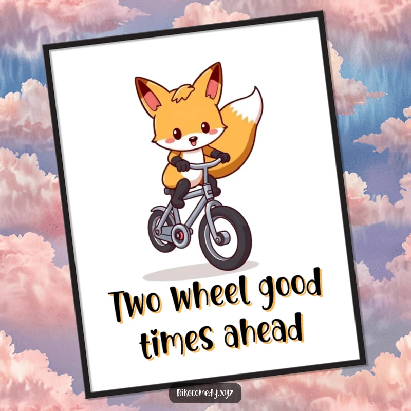 Funny Free Printable Wall Art: A spirited fox execting a daring wheelie on a tiny bicycle, creating dynamic and amusing decor.