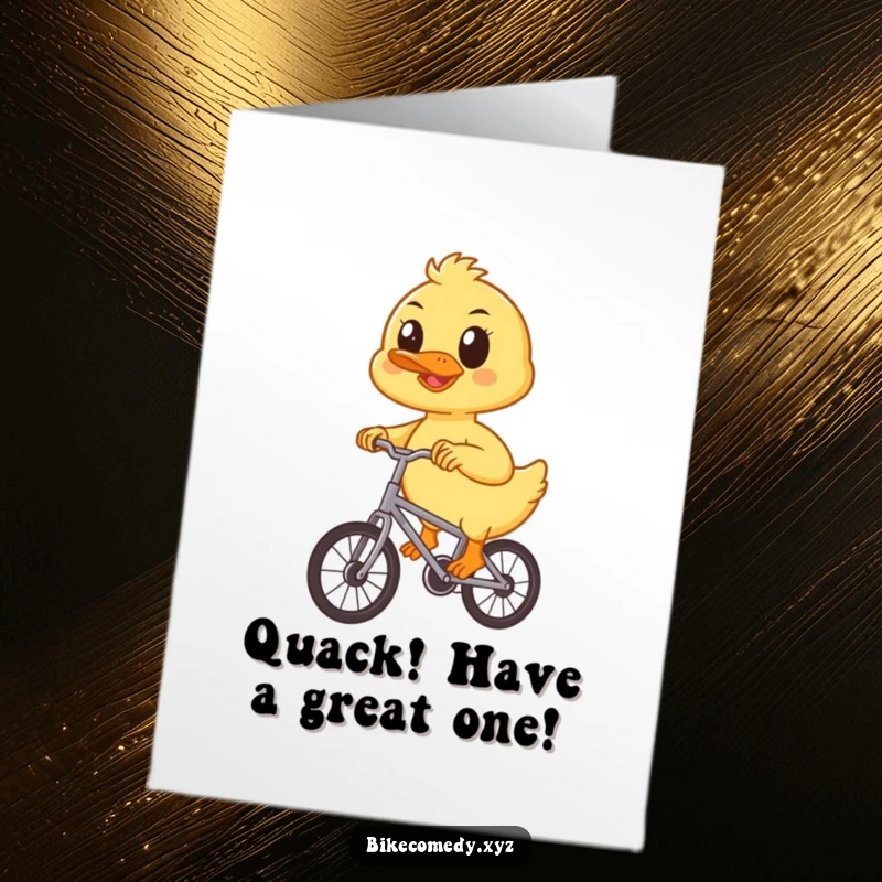 Funny Free Printable Birthday Card: A happy duckling with determined eyes pedals a small bicycle, spreading birthday cheer.