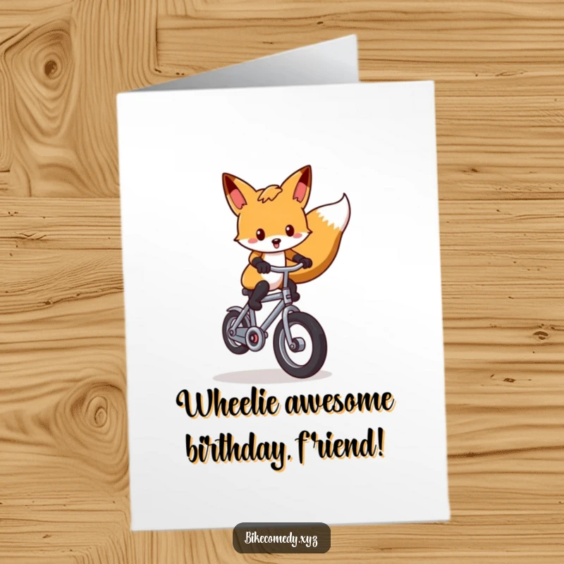Funny Free Printable Birthday Card: Playful fox doing a wheelie on a tiny bicycle, spreading birthday cheer with a grin.