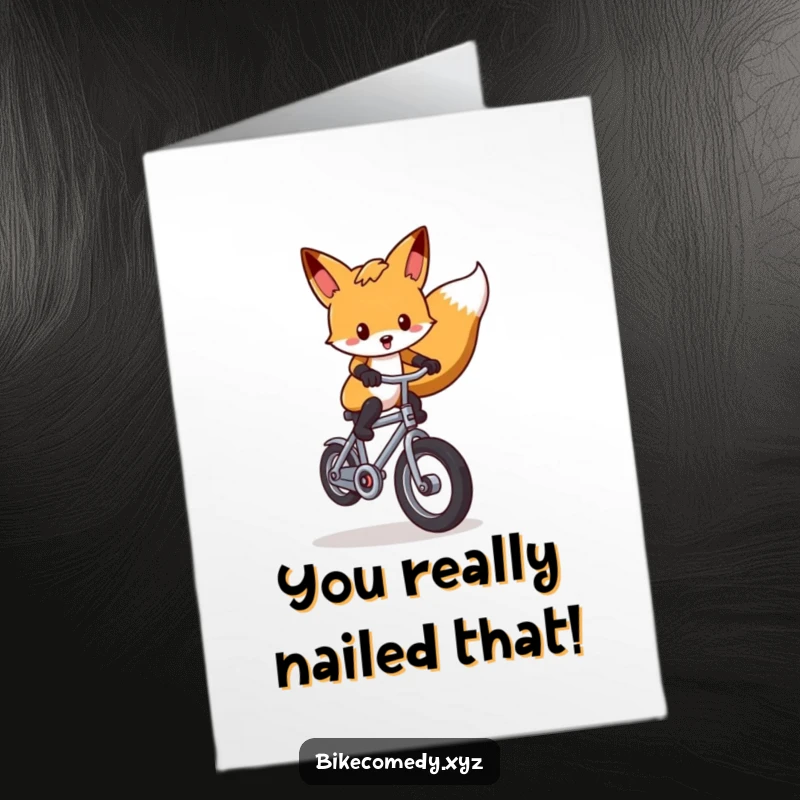 Funny Free Printable Congrats Card: Adorable fox on a bike, performing a wheelie to celebrate your amazing success.