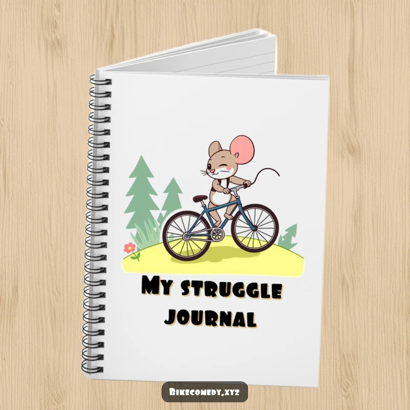 Funny mouse notebook cover shows a mouse persevering uphill on a bicycle, inspiring focused note-taking and goal achievement.