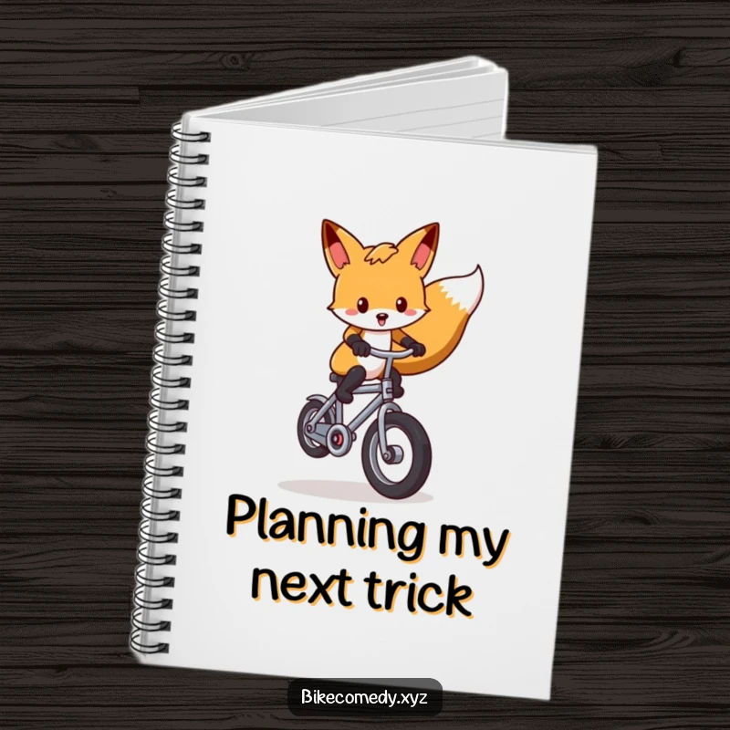 Funny fox notebook cover shows an agile fox performing a wheelie on a tiny bike, inspiring creativity and lighthearted note-taking.