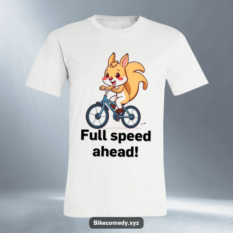 Funny squirrel t-shirt depicting a delighted squirrel racing downhill on a bicycle, capturing the essence of speed and playful excitement.