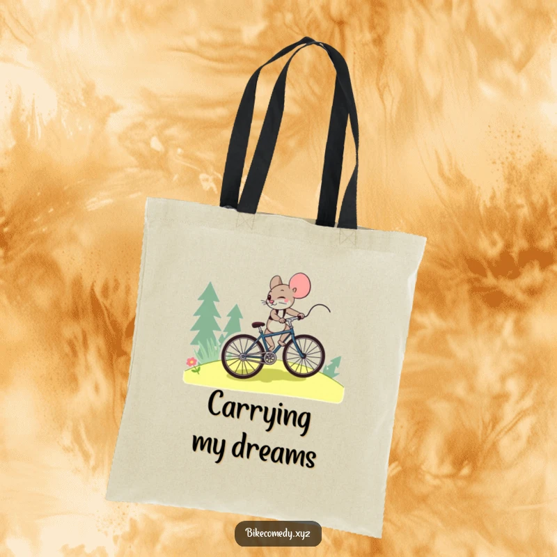 Funny mouse tote bag featuring a resilient mouse pushing its bicycle uphill, perfect for carrying daily necessities with a message of strength.