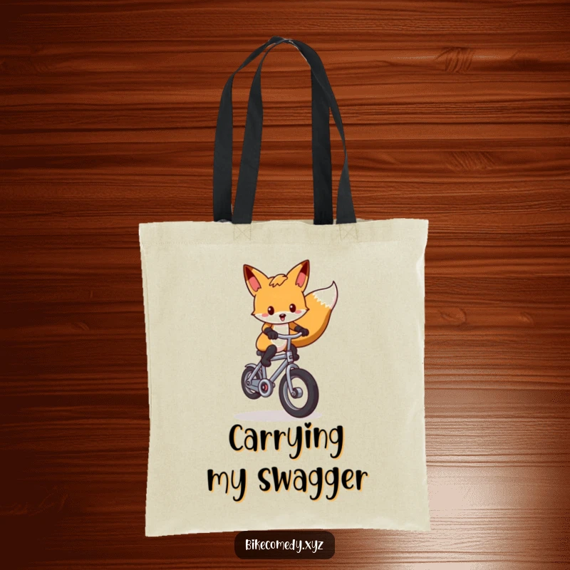 Funny fox tote bag depicting a skilled fox balancing a tiny bicycle on its rear wheel, promoting quirky style and practical use.